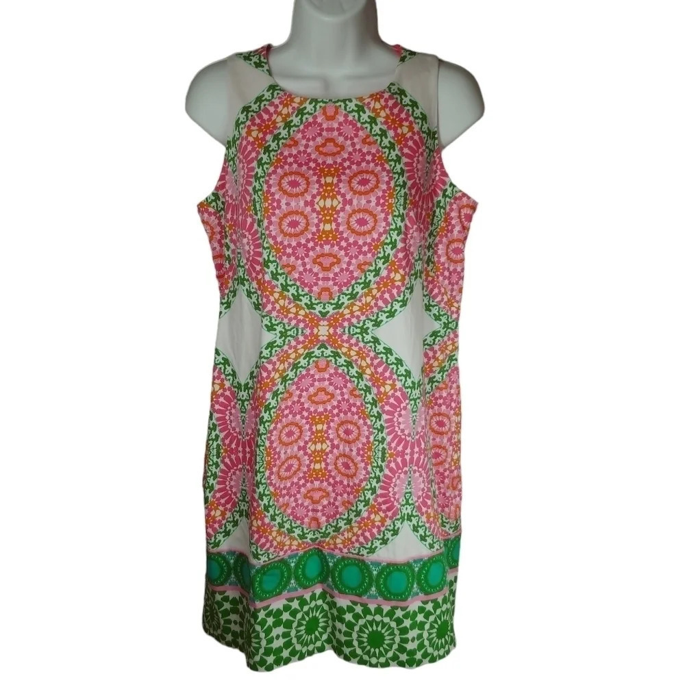 London Times Retro Summer Dress Vibrant Stretch Pink Green Orange 10